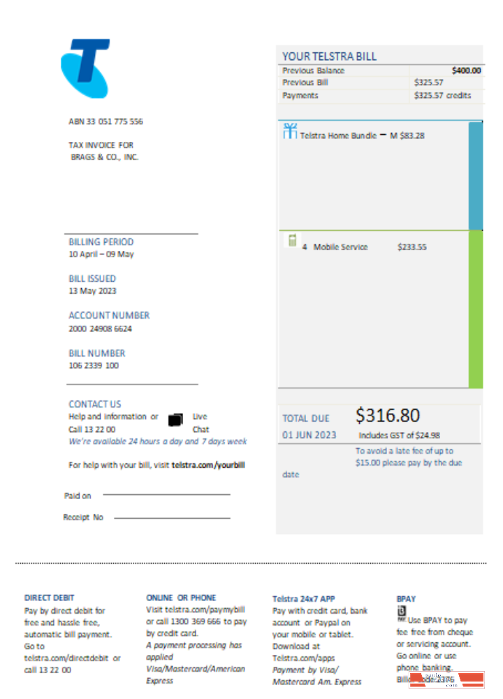 Telstra Group Limited telecommunications utility business bill, SCR PSD template